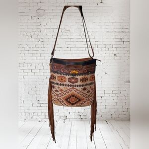 Myra Bag Tooled Leather Crossbody with Fringe & Sunflower